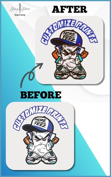 Before and after vector art services for "Customized Prints" skull patch showing vectorization improvement and enhanced digitizing patch work quality.