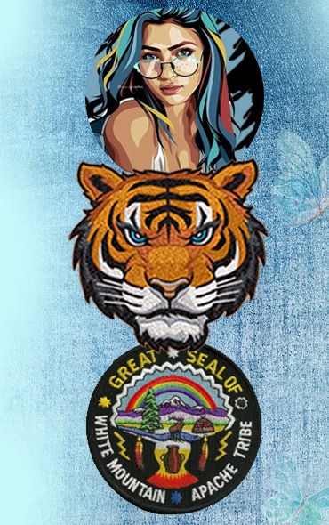 Three custom embroidered patches featuring portrait design, tiger head, and Apache tribal insignia demonstrating professional digitizing patch work capabilities.